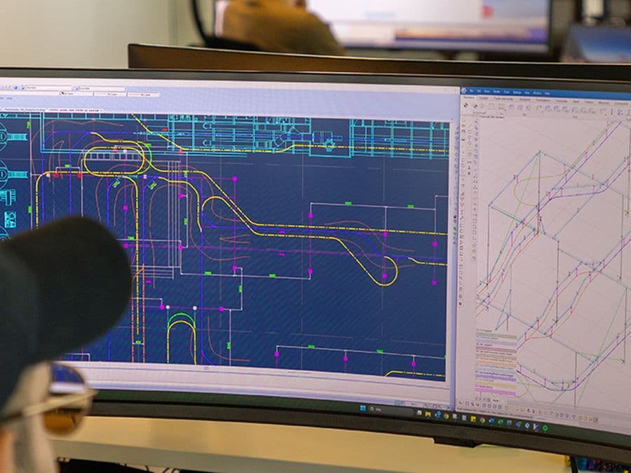 Ingeniør arbejder med byggetegninger på to computerskærme